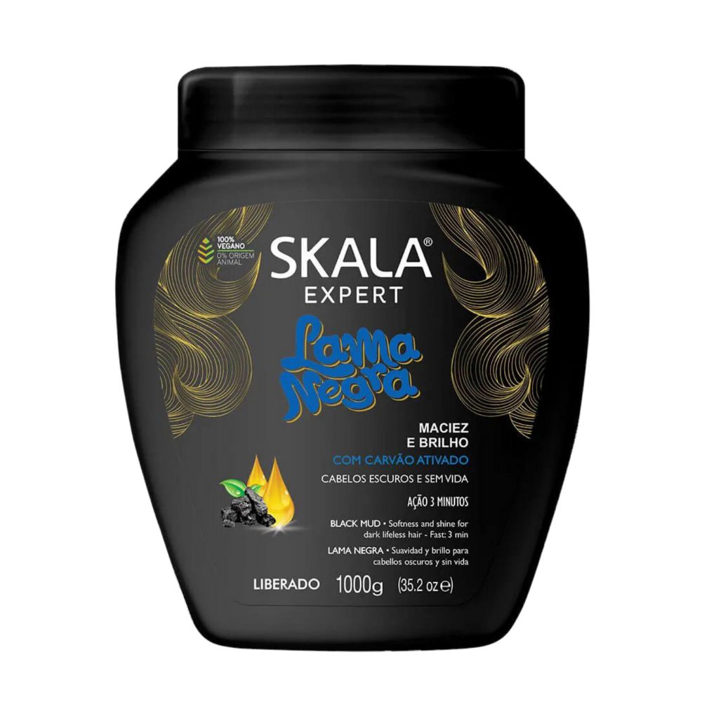 Máscara Skala Expert Lama Negra 1000g: Tratamiento de revitalización profunda y "brillo espejo" para cabellos oscuros; fórmula vegana y liberada enriquecida con Carbón Activado que purifica la fibra, elimina el frizz y resalta la intensidad del color en patrones 2ABC, 3ABC y 4ABC.