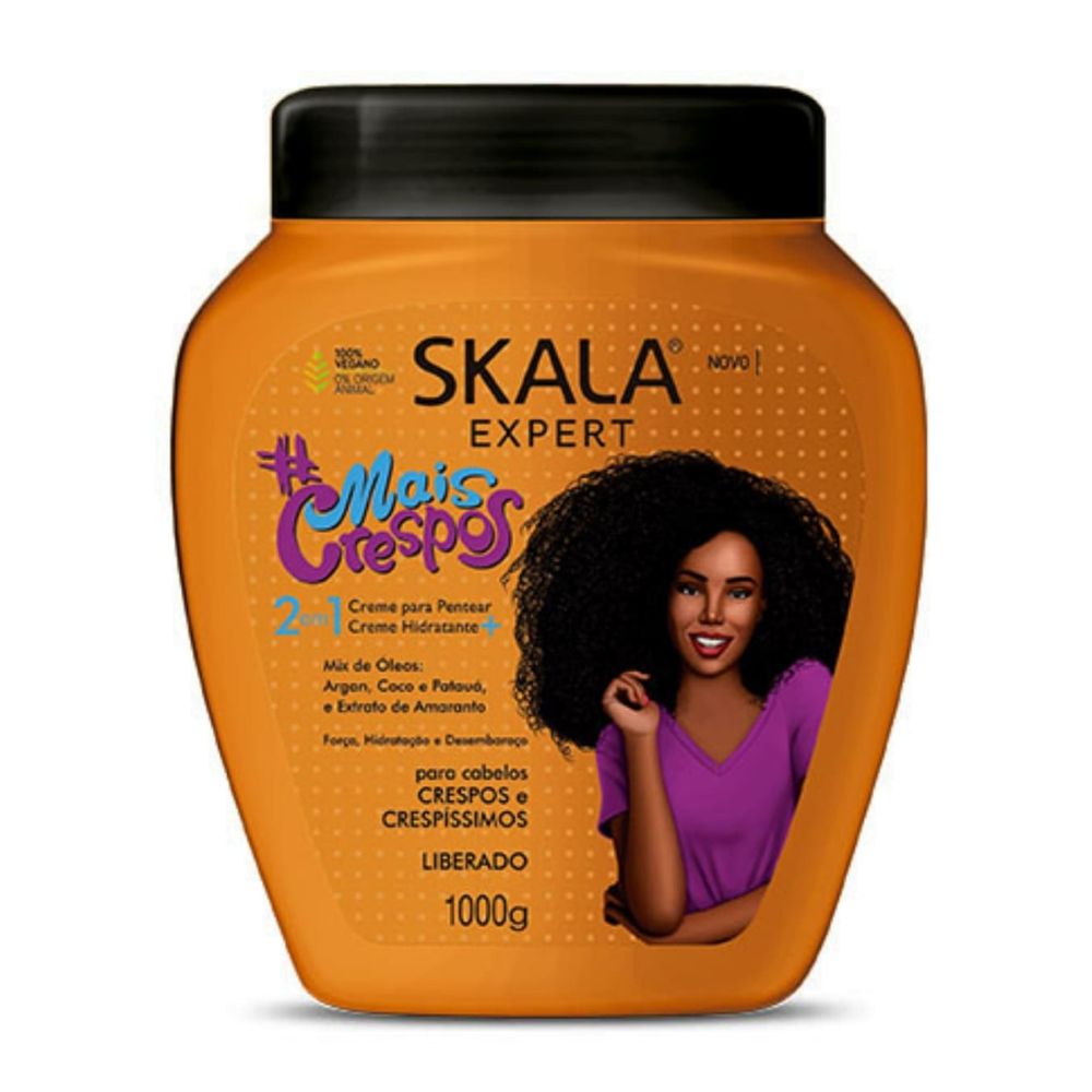 Máscara Skala Expert Mais Crespos 1000g: El tratamiento intensivo de "Súper-Nutrición y Fuerza"; fórmula 2-en-1 vegana y liberada enriquecida con un mix de óleos (Argán, Coco y Patauá) y Proteína de Amaranto para combatir el quiebre, aportar brillo y dar una definición máxima a rulos 3ABC y 4ABC.