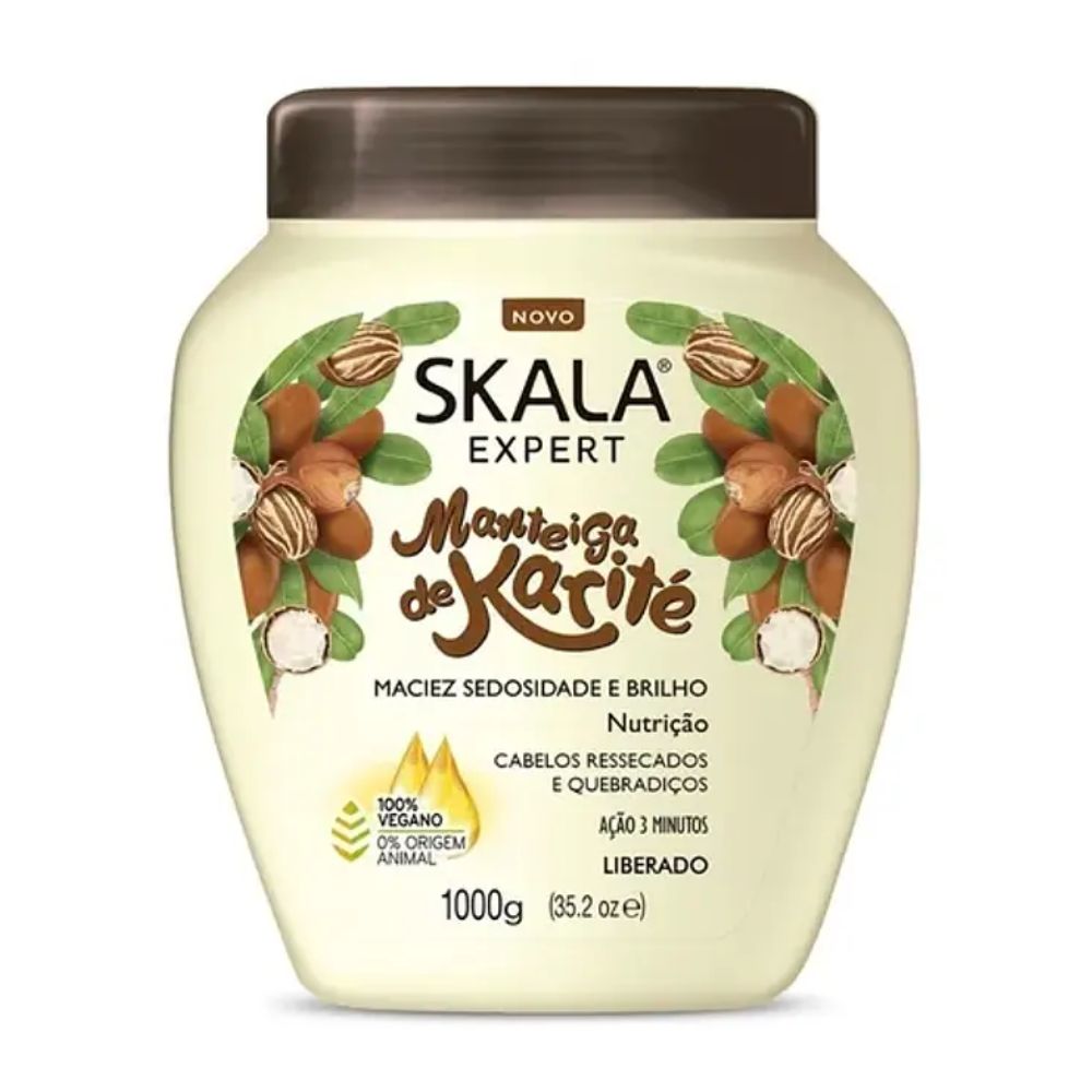 Máscara Skala Expert Manteca de Karité 1000g: El tratamiento intensivo de "Nutrición Profunda" y suavidad extrema; fórmula 2-en-1 enriquecida con Manteca de Karité y Vitamina E que recupera cabellos quebradizos, elimina la porosidad y devuelve la elasticidad a rulos 2ABC, 3ABC y 4ABC.