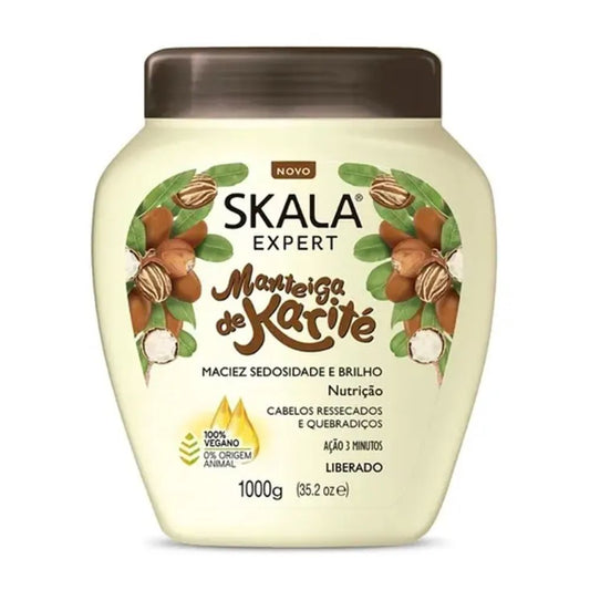 Máscara Skala Expert Manteca de Karité 1000g: El tratamiento intensivo de "Nutrición Profunda" y suavidad extrema; fórmula 2-en-1 enriquecida con Manteca de Karité y Vitamina E que recupera cabellos quebradizos, elimina la porosidad y devuelve la elasticidad a rulos 2ABC, 3ABC y 4ABC.
