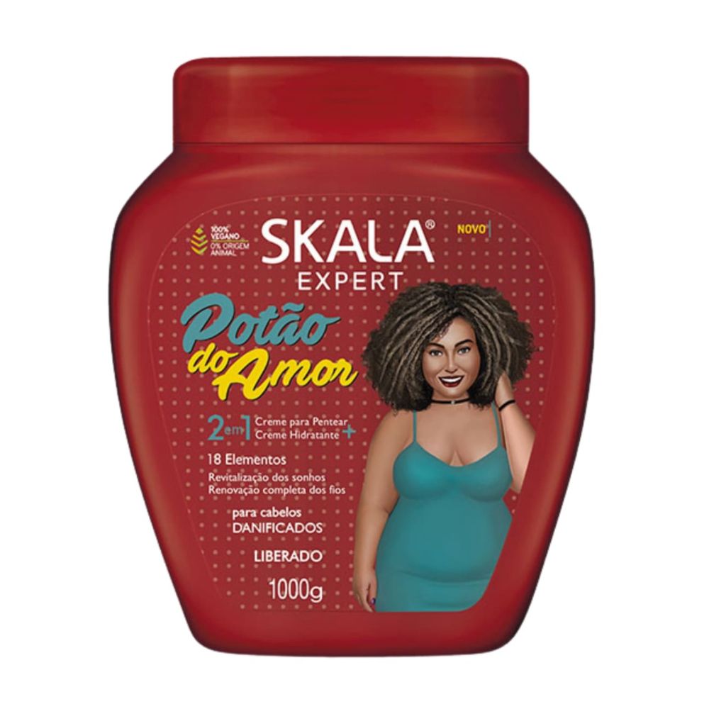Máscara Skala Expert Potão do Amor 1000g: El tratamiento intensivo de "Reparación y Brillo Total"; fórmula 2-en-1 vegana y liberada que combina Proteínas de Arroz, Manteca de Cacao y Óleos de Macadamia y Coco para restaurar la salud de la fibra y potenciar rulos 2ABC, 3ABC y 4ABC.
