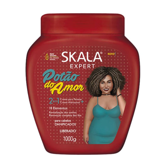 Máscara Skala Expert Potão do Amor 1000g: El tratamiento intensivo de "Reparación y Brillo Total"; fórmula 2-en-1 vegana y liberada que combina Proteínas de Arroz, Manteca de Cacao y Óleos de Macadamia y Coco para restaurar la salud de la fibra y potenciar rulos 2ABC, 3ABC y 4ABC.