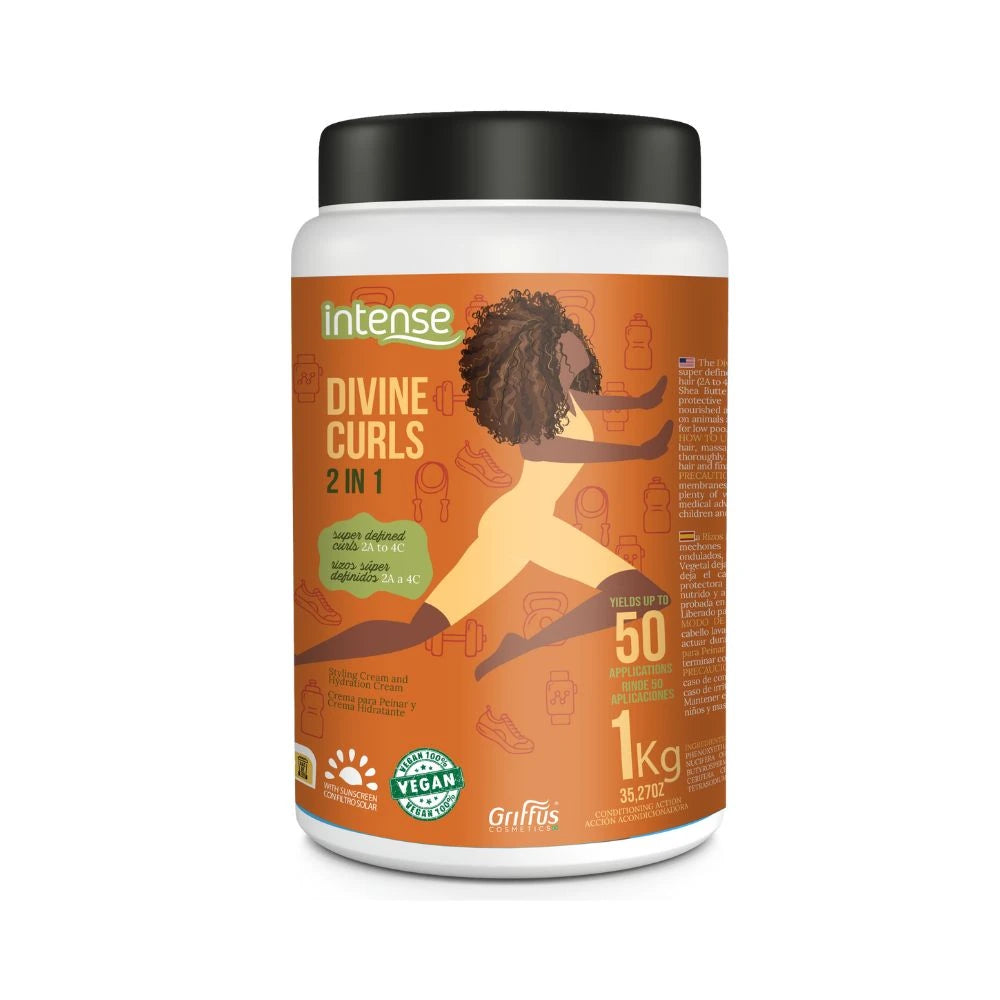 Máscara Divine Curls Griffus para hidratación profunda, definición de rulos tipo 3ABC y nutrición con aceite de coco y manteca de karité.