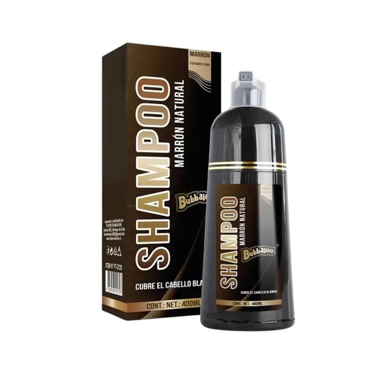 Shampoo cubre canas color marrón Bubbaluu para una cobertura total instantánea y natural en cabellos castaños.
