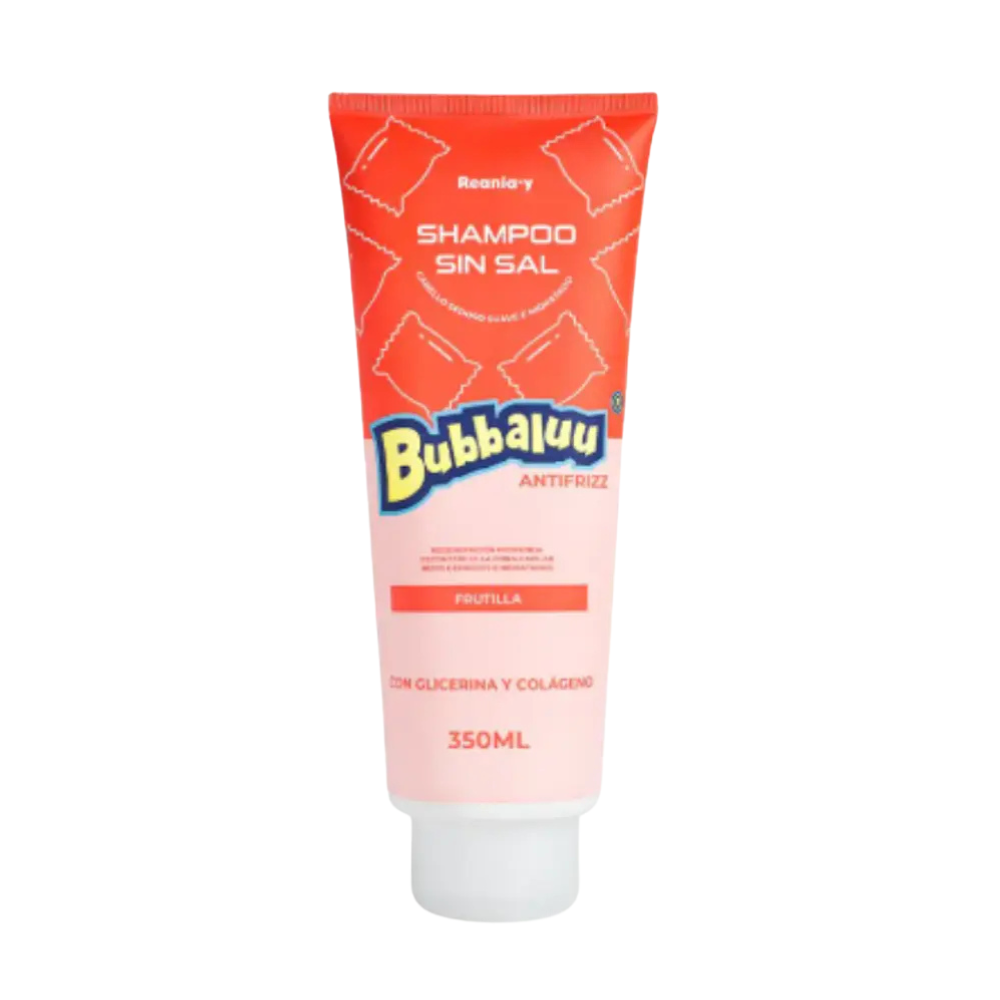Shampoo capilar Bubbaluu de 350ml con aroma a frutilla, diseñado para una limpieza suave, aportando brillo y una fragancia frutal duradera al cabello