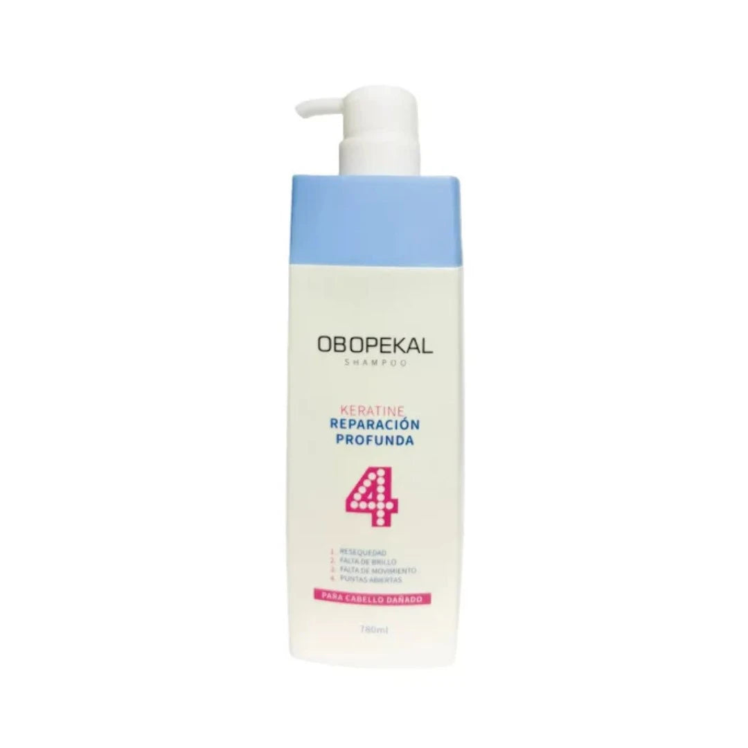 Shampoo Obopekal Reparación Total 4 de 780ml para el tratamiento intensivo de cabellos dañados, proporcionando limpieza nutritiva y restauración profunda.