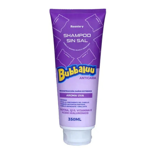 Shampoo Bubbaluu de 350ml con aroma a uva, formulado con propiedades antioxidantes para proteger el color y aportar brillo intenso al cabello desde el lavado.