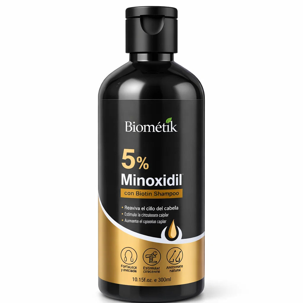 Shampoo Biometik de 300ml formulado para el tratamiento anticaída y recrecimiento del cabello, fortaleciendo la raíz y estimulando un crecimiento saludable desde el lavado
