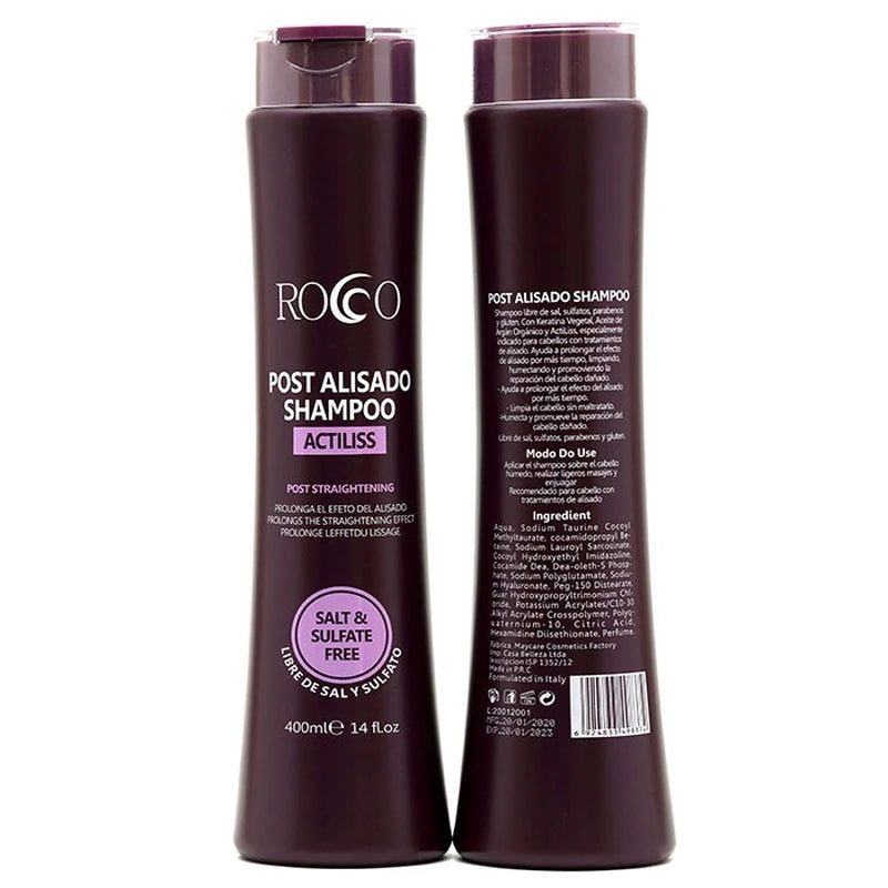 Shampoo Post-Alisado Sin Sal Rocco 400ml: El guardián de la "Larga Duración"; fórmula técnica diseñada para limpiar delicadamente sin barrer los activos químicos, prolongando el efecto liso, sellando la cutícula y aportando un brillo espejo.