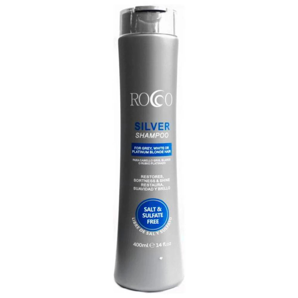 Shampoo Violeta matizador Rocco de 400ml, fórmula sin sal para eliminar tonos amarillos en cabellos rubios, con mechas o canas.