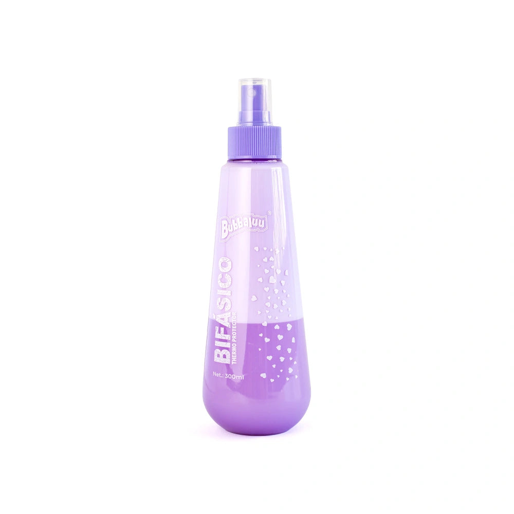 Termoprotector bifásico Bubbaluu en spray para protección térmica contra el calor de planchas y secadores, aporta brillo y control de frizz