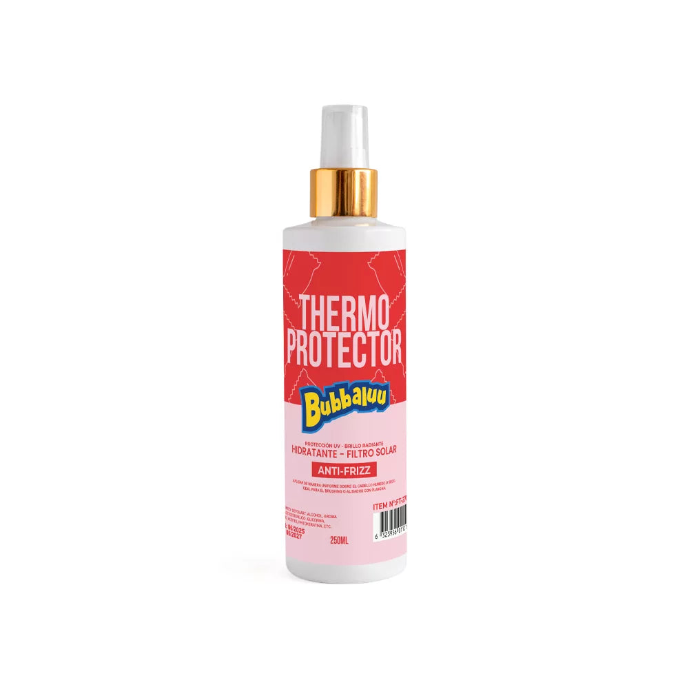 PROTECTOR TÉRMICO capilar Bubbaluu con aroma a frutilla en spray, diseñado para brindar protección térmica contra el calor de planchas y secadores, aportando brillo y control de frizz