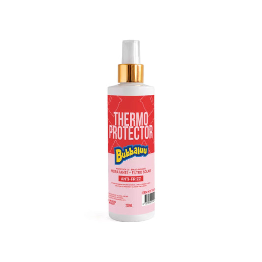 PROTECTOR TÉRMICO capilar Bubbaluu con aroma a frutilla en spray, diseñado para brindar protección térmica contra el calor de planchas y secadores, aportando brillo y control de frizz
