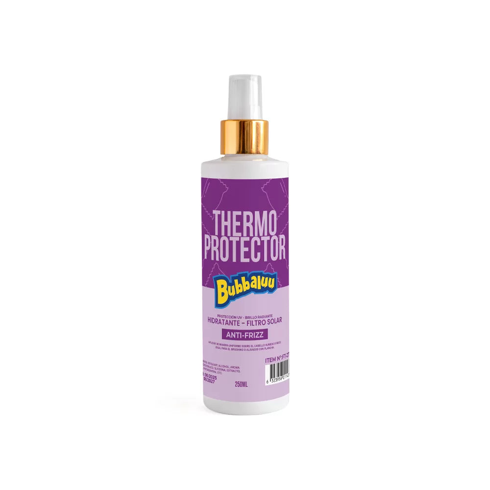 PROTECTOR TÉRMICO capilar Bubbaluu con aroma a uva en spray, diseñado para brindar protección térmica contra el calor de planchas y secadores, aportando brillo y control de frizz