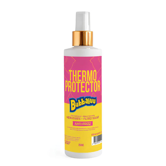protector termico capilar Bubbaluu con aroma a Tutti Frutti en spray de 250ml, diseñado para brindar protección térmica contra el calor de planchas y secadores, aportando brillo y control de frizz