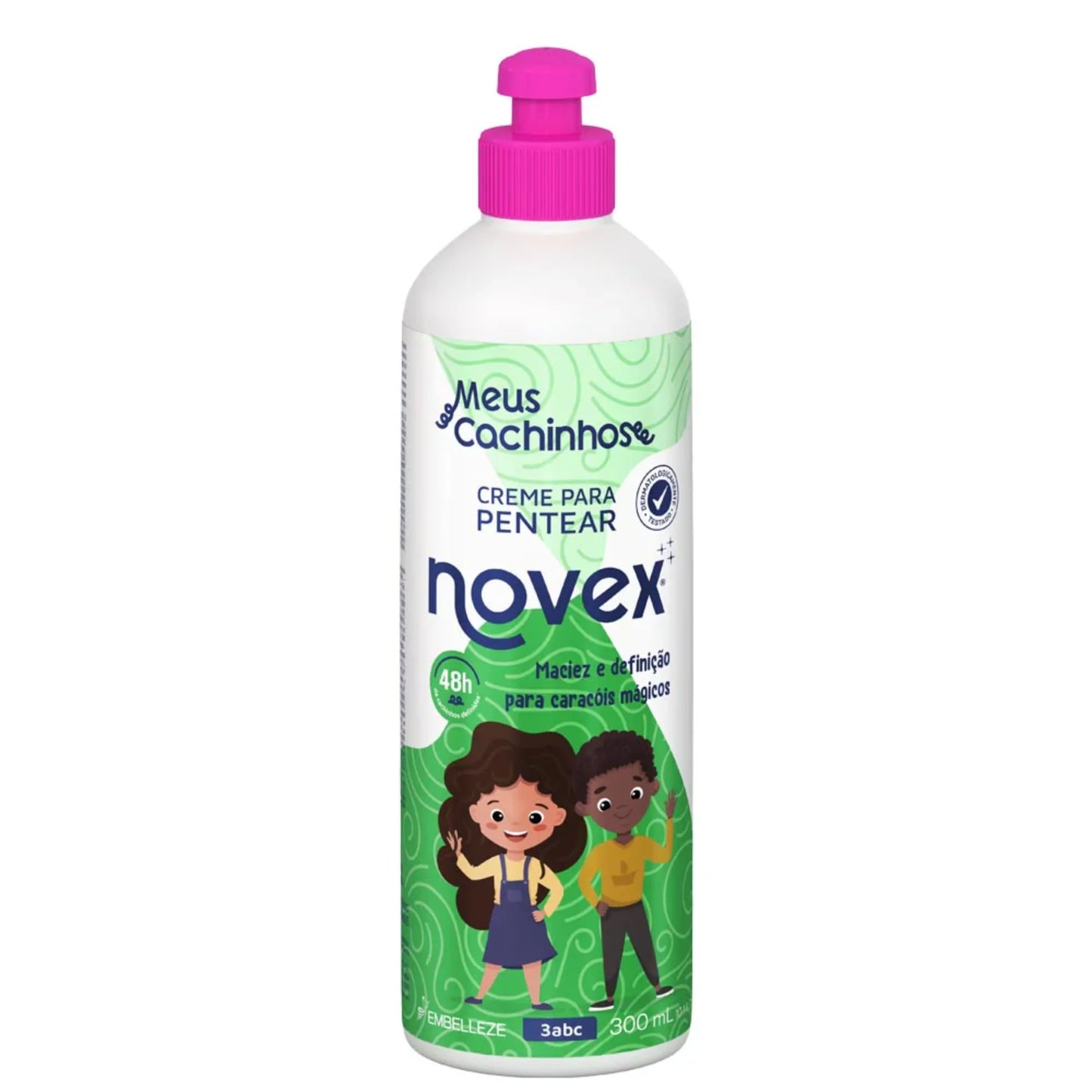 Crema para peinar Meus Cachinhos Novex de 300ml para desenredo suave, definición de rulos infantiles y control de frizz con aloe vera y d-pantenol.