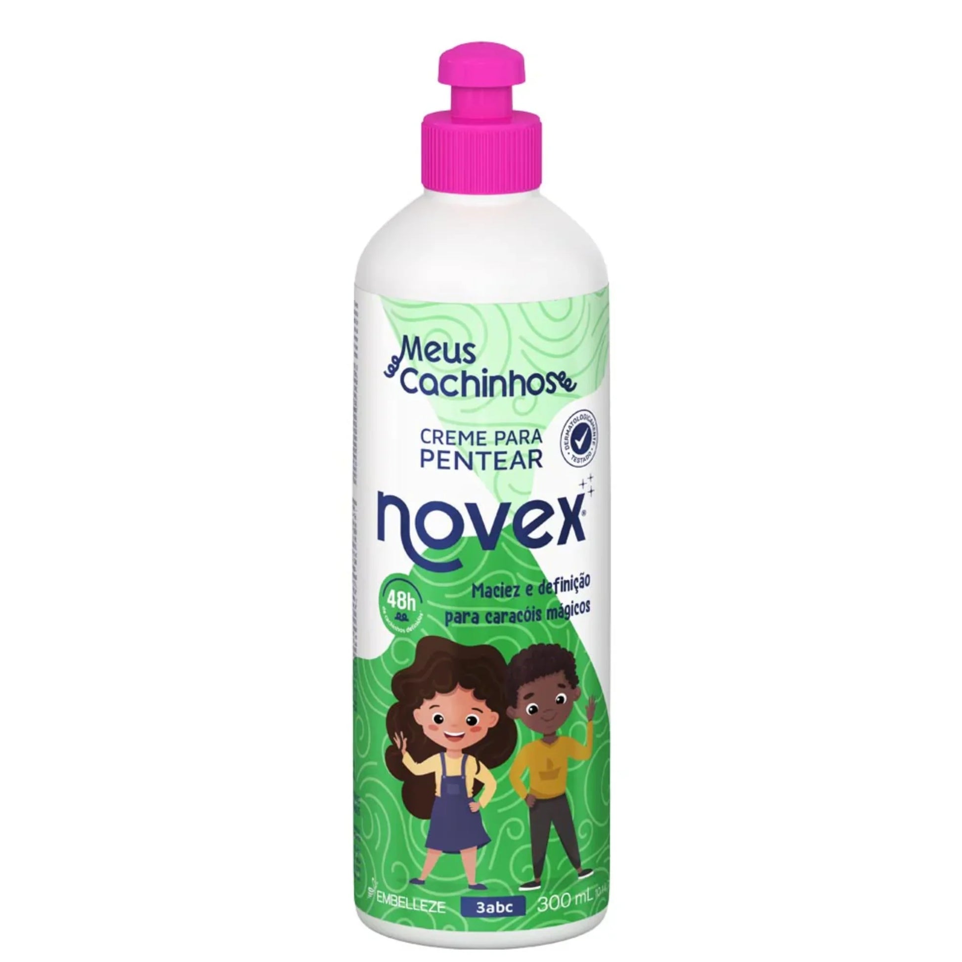 Crema para peinar Meus Cachinhos Novex de 300ml para desenredo suave, definición de rulos infantiles y control de frizz con aloe vera y d-pantenol.