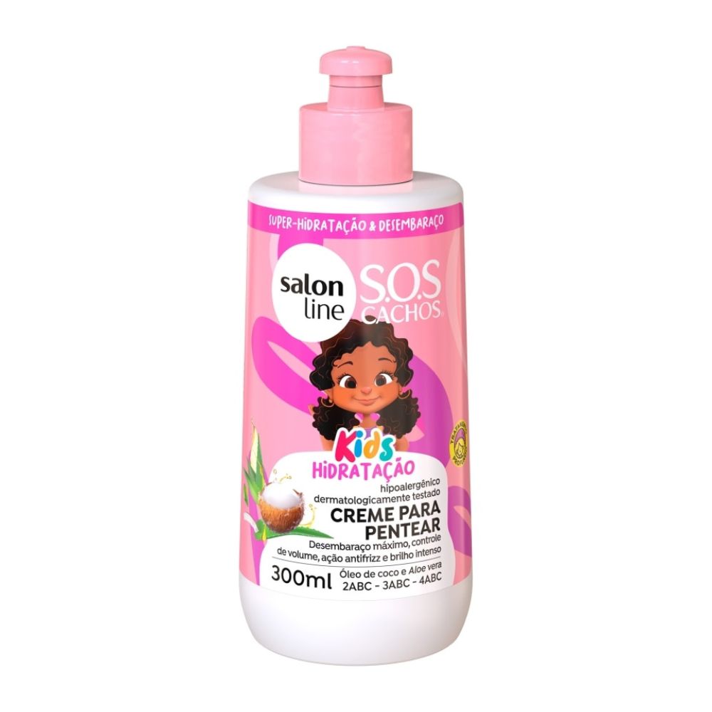 Creme para Pentear Salon Line S.O.S Cachos Kids 300ml: El secreto para un "Peinado sin Lágrimas" y rulos perfectos; fórmula suave con Aceite de Coco y Aloe Vera que desenreda, define y aporta un brillo radiante a patrones 2ABC, 3ABC y 4ABC.