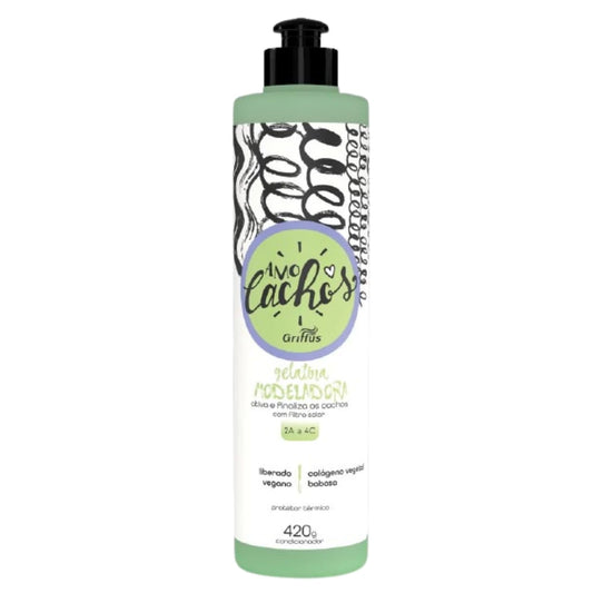 Gelatina Modeladora Griffus para modelado de rulos tipo 3ABC, alta fijación, definición duradera y protección de la fibra capilar con brillo intenso.
