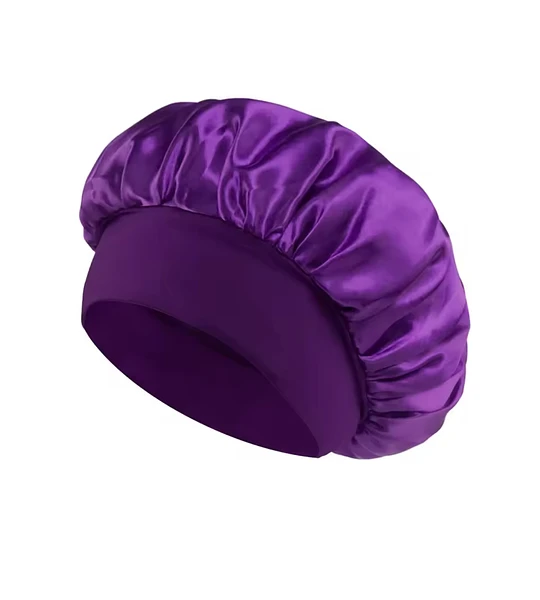 Gorra de satín morada para dormir, protege los rulos del frizz y mantiene la hidratación del cabello 3ABC durante la noche.