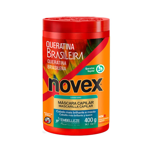 Máscara de Keratina Brasileña Novex para reconstrucción capilar profunda, sellado de cutículas y reparación de puntas dañadas en todo tipo de cabello.