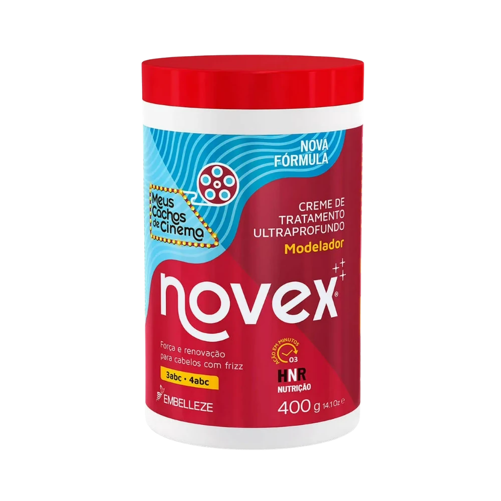 Máscara Meus Cachos de Cinema Novex para nutrición profunda, definición de rulos tipo 3ABC y brillo intenso con aceites purificados.