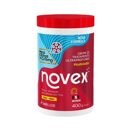 Máscara Meus Cachos de Cinema Novex para nutrición profunda, definición de rulos tipo 3ABC y brillo intenso con aceites purificados.