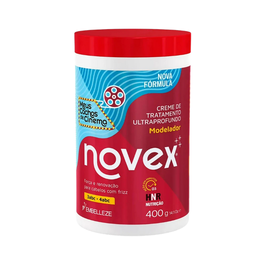 Máscara Meus Cachos de Cinema Novex para nutrición profunda, definición de rulos tipo 3ABC y brillo intenso con aceites purificados.