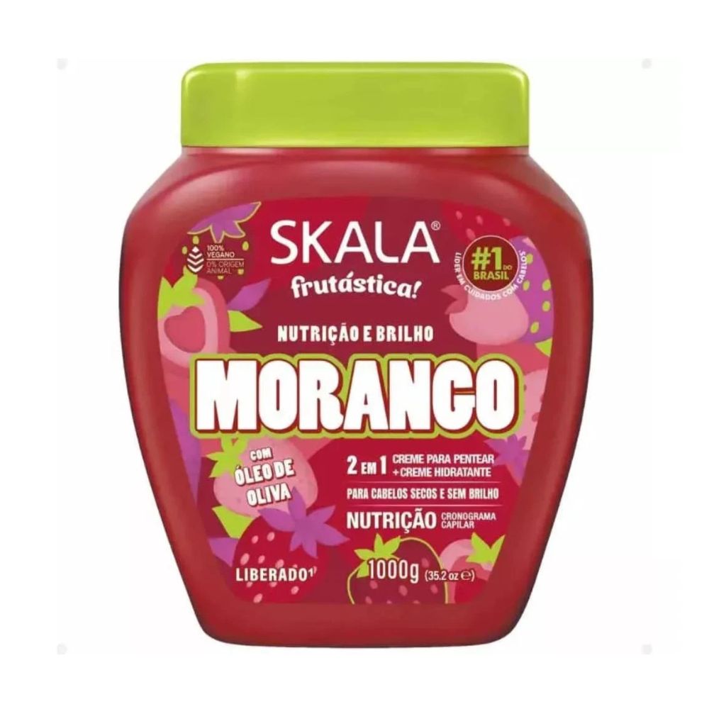 Máscara Skala nutricion Morango e Chiclete 1000g: Fórmula 2 en 1 ultra hidratante con proteínas de arroz para un brillo espejado y suavidad extrema; ideal para revitalizar cabellos opacos y dejar un aroma dulce irresistible.