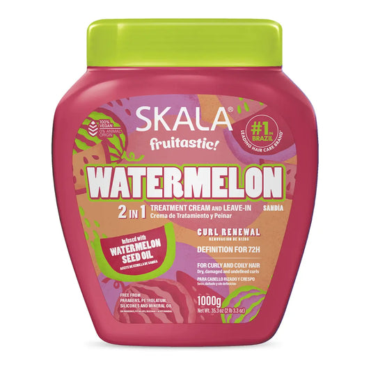 Máscara Skala Expert Melancia e Vitaminas de 1000g para hidratación intensa, brillo radiante y nutrición profunda en rulos tipo 3ABC y todo tipo de cabello.